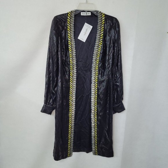Kora Rae Robe Dress Womens S Embroidered Beaded Zip Front Long Sleeve Black Lame - Picture 2 of 12
